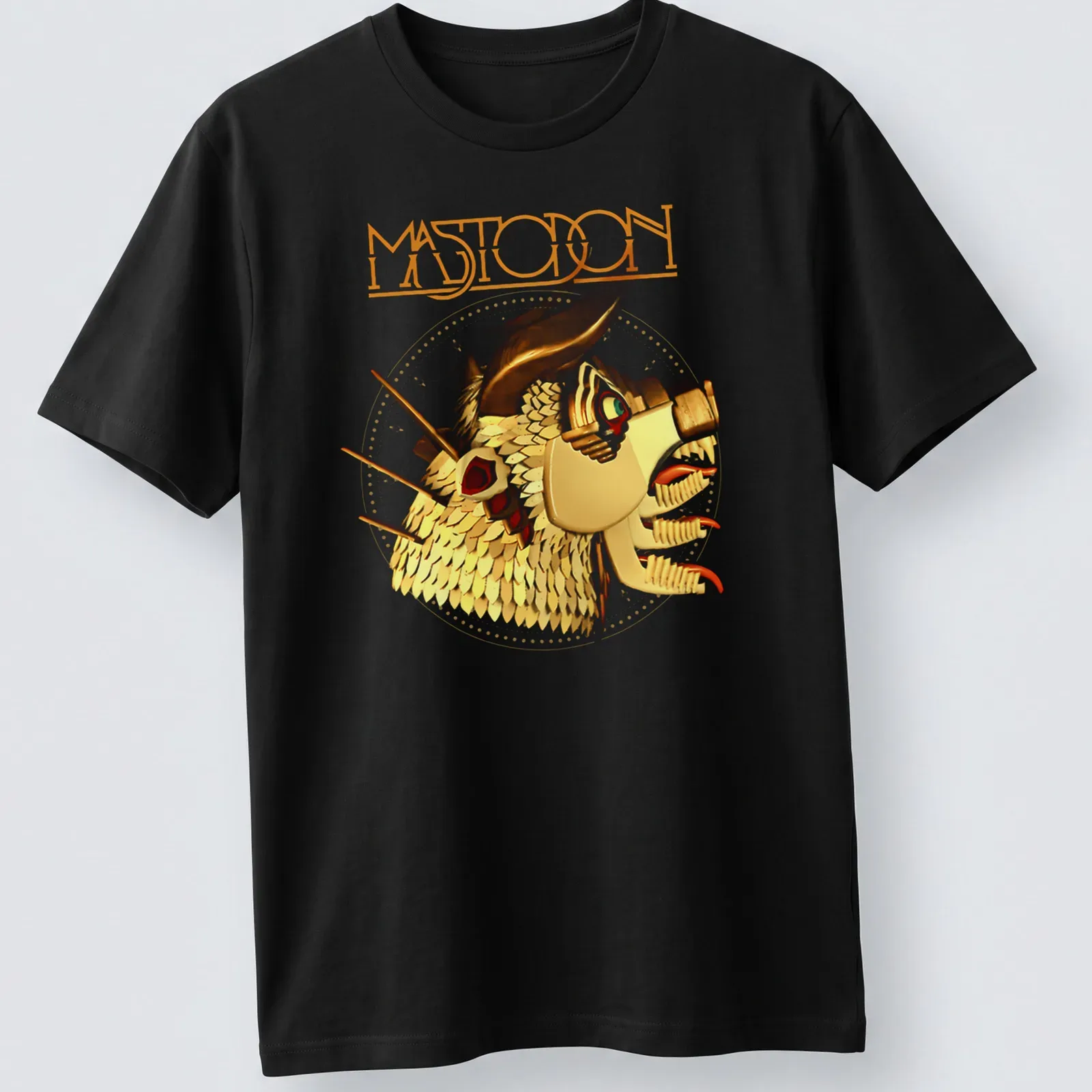 Retro Mastodon t-shirt featuring bold dragon head graphic in vibrant colors — printed on a unisex t-shirt