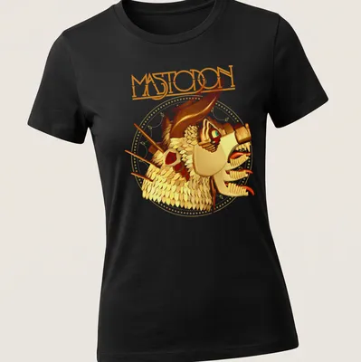 Retro Mastodon t-shirt featuring bold dragon head graphic in vibrant colors — printed on a women's shirt