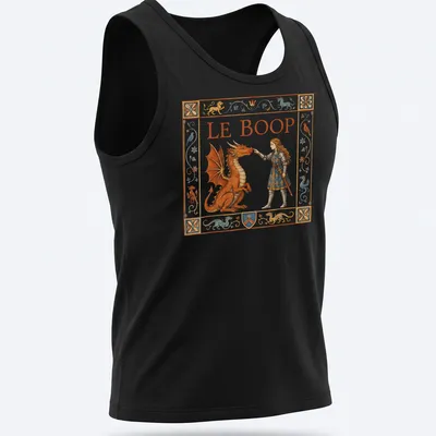 Illustrative t-shirt featuring a female knight playfully interacting with a dragon, with the text 'LE BOOP'. — printed on a tank top