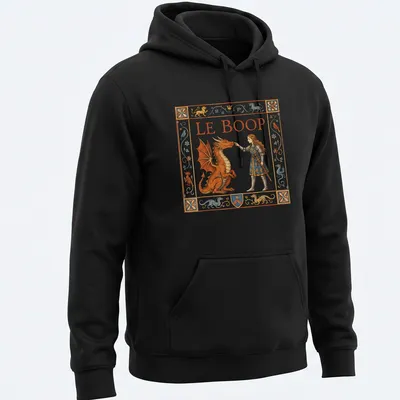 Illustrative t-shirt featuring a female knight playfully interacting with a dragon, with the text 'LE BOOP'. — printed on a unisex hoodie