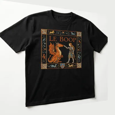 Illustrative t-shirt featuring a female knight playfully interacting with a dragon, with the text 'LE BOOP'. — printed on a unisex t-shirt (angled view)