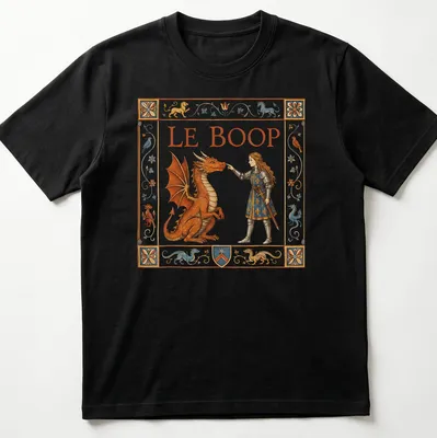 Illustrative t-shirt featuring a female knight playfully interacting with a dragon, with the text 'LE BOOP'. — printed on a unisex t-shirt