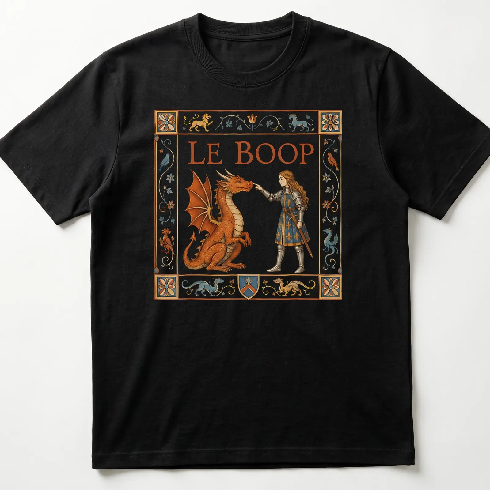 Illustrative t-shirt featuring a female knight playfully interacting with a dragon, with the text 'LE BOOP'. — printed on a unisex t-shirt