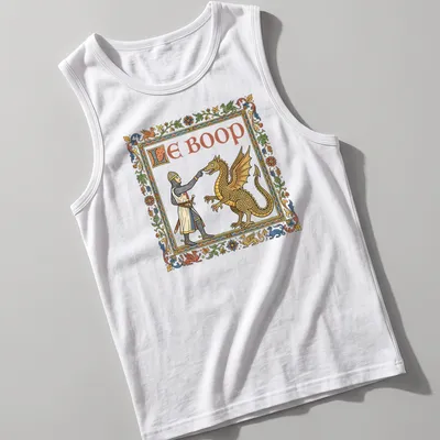 Illustration of a medieval knight and dragon with the text Le Boop in colorful lettering — printed on a tank top