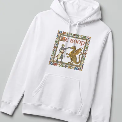Illustration of a medieval knight and dragon with the text Le Boop in colorful lettering — printed on a unisex hoodie