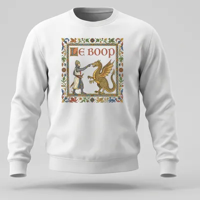 Illustration of a medieval knight and dragon with the text Le Boop in colorful lettering — printed on a unisex sweatshirt