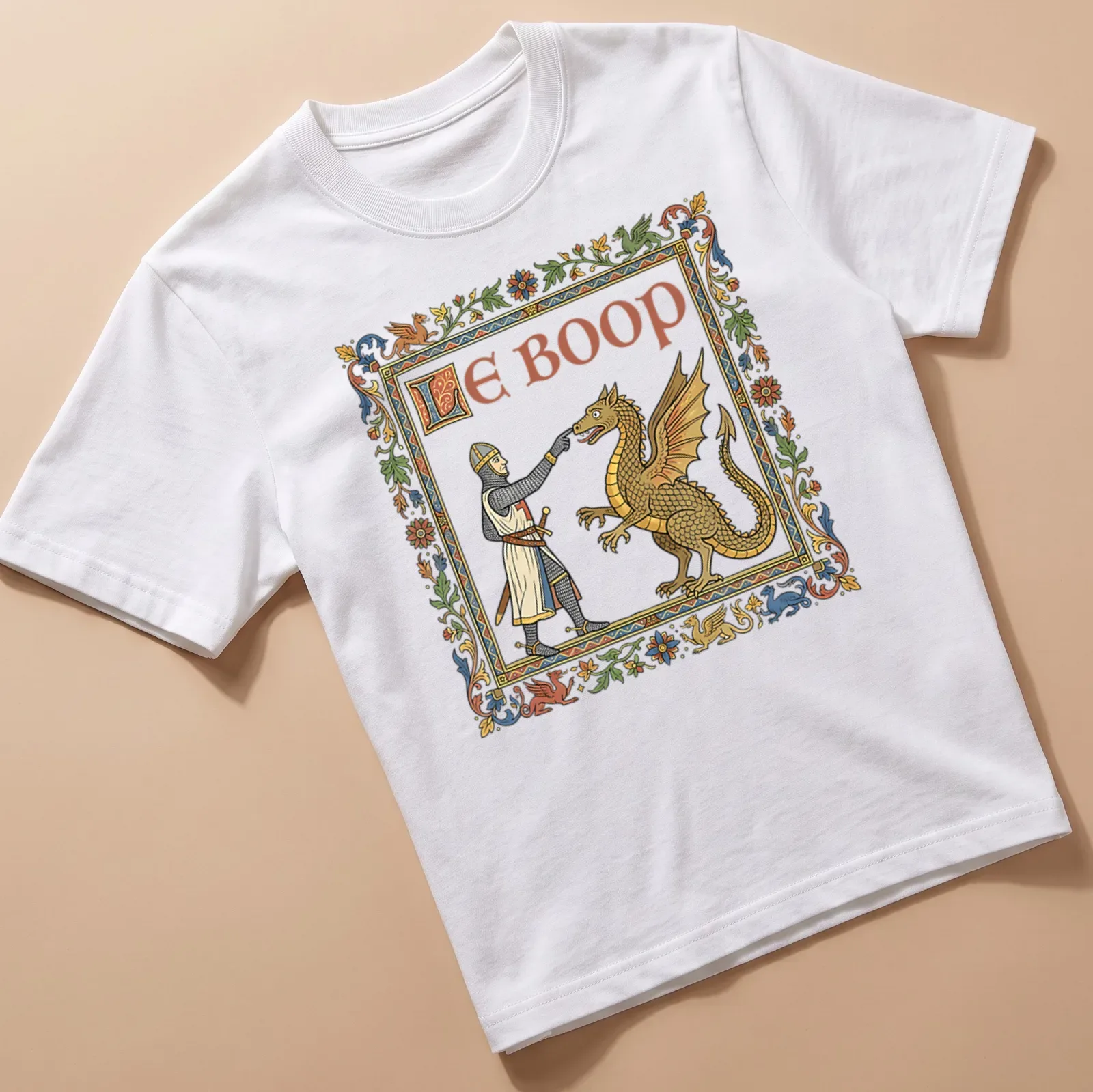 Illustration of a medieval knight and dragon with the text Le Boop in colorful lettering — printed on a unisex t-shirt