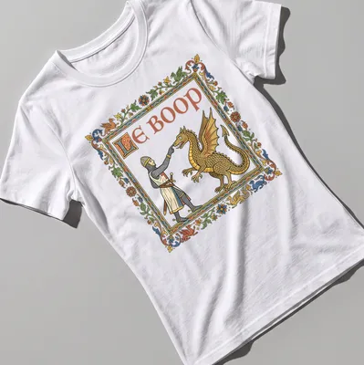 Illustration of a medieval knight and dragon with the text Le Boop in colorful lettering — printed on a women's shirt