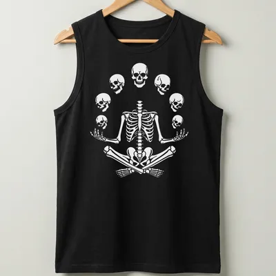 Halloween-themed t-shirt featuring a meditating skeleton with playful skulls. — printed on a tank top