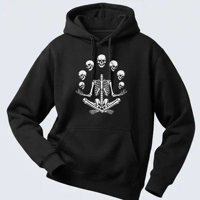 Halloween-themed t-shirt featuring a meditating skeleton with playful skulls. — printed on a unisex hoodie