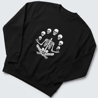 Halloween-themed t-shirt featuring a meditating skeleton with playful skulls. — printed on a unisex sweatshirt