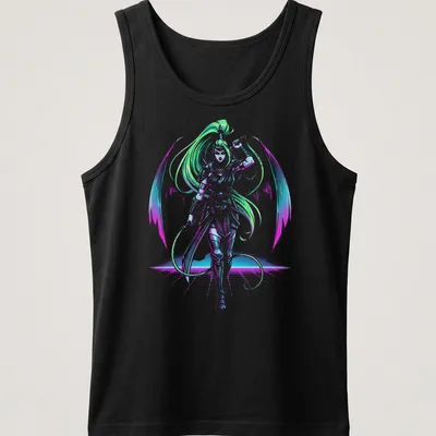 Silhouette of Megaera in neon colors with a synthwave aesthetic — printed on a tank top