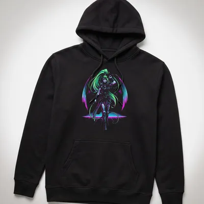 Silhouette of Megaera in neon colors with a synthwave aesthetic — printed on a unisex hoodie