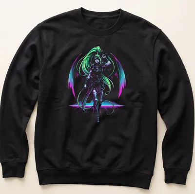 Silhouette of Megaera in neon colors with a synthwave aesthetic — printed on a unisex sweatshirt