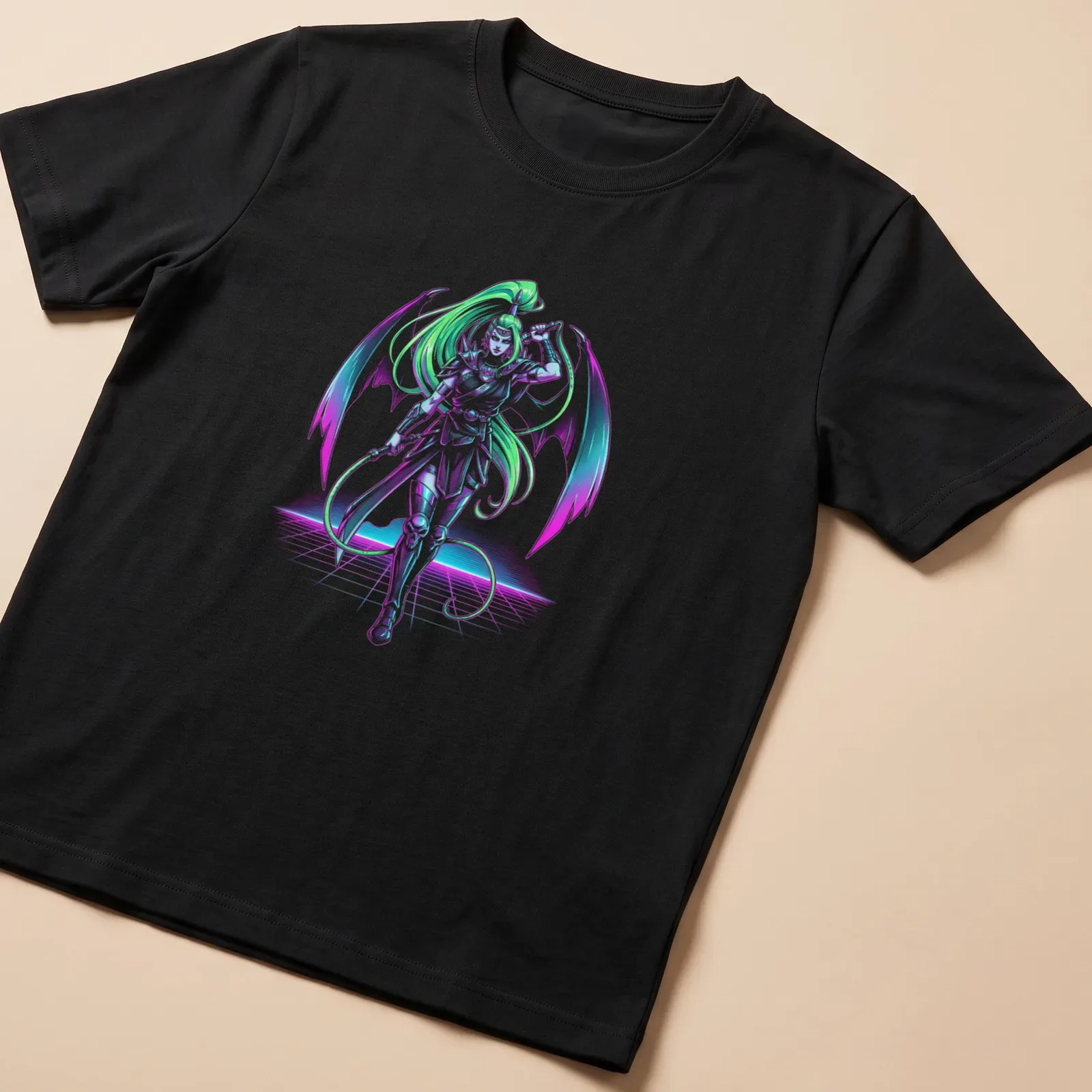 Silhouette of Megaera in neon colors with a synthwave aesthetic — printed on a unisex t-shirt