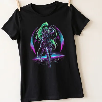 Silhouette of Megaera in neon colors with a synthwave aesthetic — printed on a women's shirt
