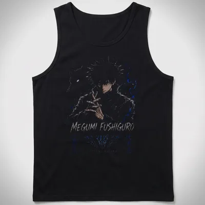 Anime art of Megumi Fushiguro with bold text from Jujutsu Kaisen Season 3 — printed on a tank top