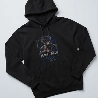 Anime art of Megumi Fushiguro with bold text from Jujutsu Kaisen Season 3 — printed on a unisex hoodie