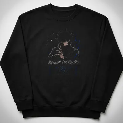 Anime art of Megumi Fushiguro with bold text from Jujutsu Kaisen Season 3 — printed on a unisex sweatshirt