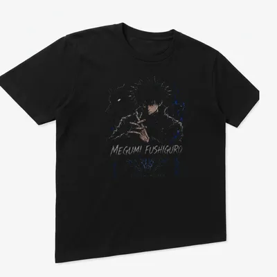 Anime art of Megumi Fushiguro with bold text from Jujutsu Kaisen Season 3 — printed on a unisex t-shirt (angled view)