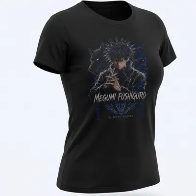 Anime art of Megumi Fushiguro with bold text from Jujutsu Kaisen Season 3 — printed on a women's shirt