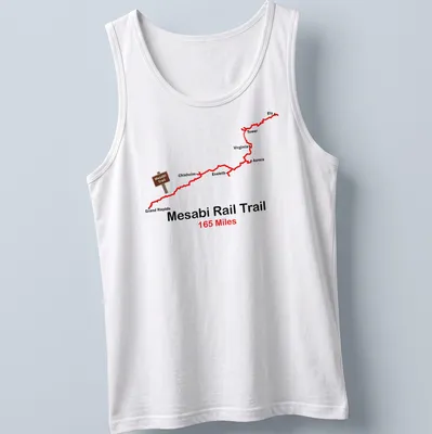 Illustrative design featuring Mesabi Rail Trail 165 Miles in bold text — printed on a tank top