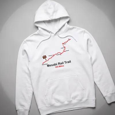 Illustrative design featuring Mesabi Rail Trail 165 Miles in bold text — printed on a unisex hoodie