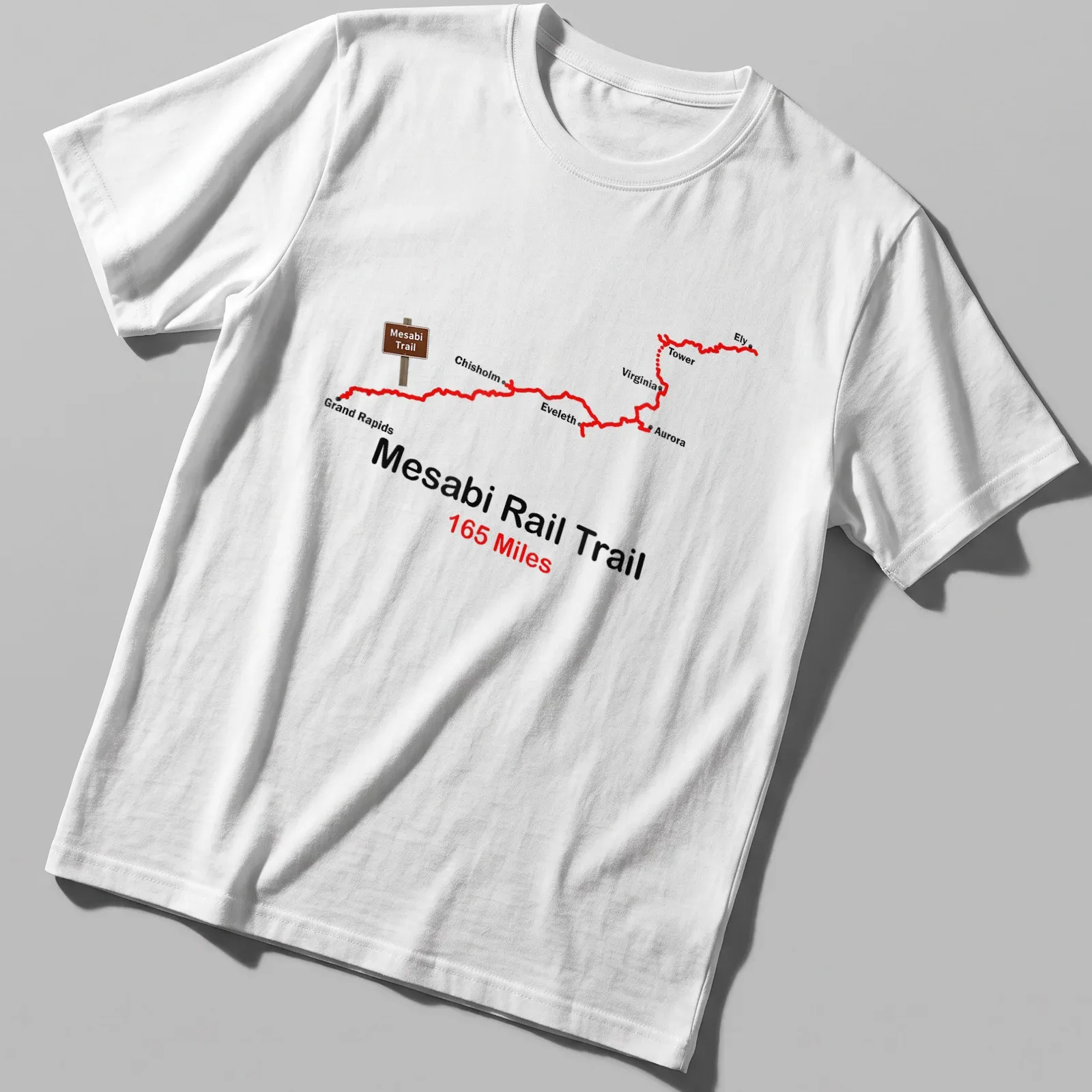 Illustrative design featuring Mesabi Rail Trail 165 Miles in bold text — printed on a unisex t-shirt