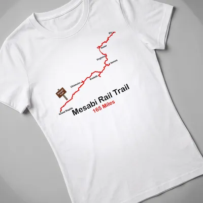 Illustrative design featuring Mesabi Rail Trail 165 Miles in bold text — printed on a women's shirt