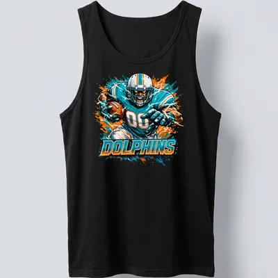 Dynamic illustration of a football player with the word Dolphins in teal and orange — printed on a tank top