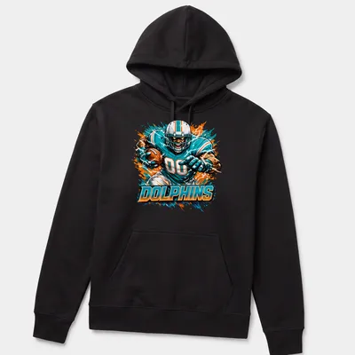 Dynamic illustration of a football player with the word Dolphins in teal and orange — printed on a unisex hoodie