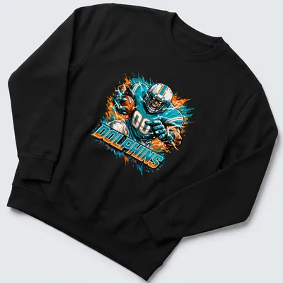Dynamic illustration of a football player with the word Dolphins in teal and orange — printed on a unisex sweatshirt