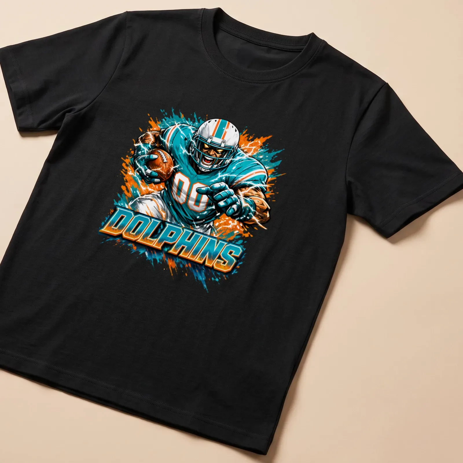 Dynamic illustration of a football player with the word Dolphins in teal and orange — printed on a unisex t-shirt