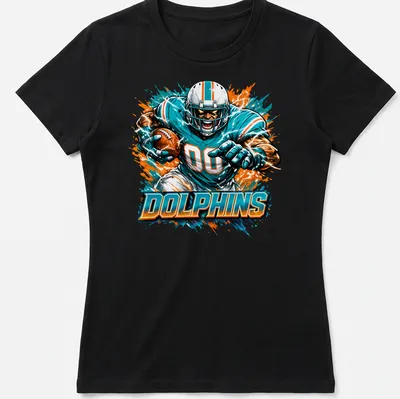 Dynamic illustration of a football player with the word Dolphins in teal and orange — printed on a women's shirt
