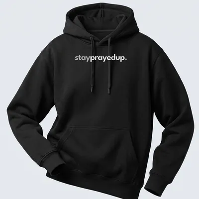 Minimalist design featuring the phrase stay prayed up in white and gray — printed on a unisex hoodie