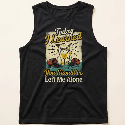 Vintage distressed shirt featuring a mischievous cat and a humorous quote about feline antics — printed on a tank top