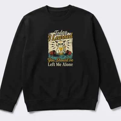 Vintage distressed shirt featuring a mischievous cat and a humorous quote about feline antics — printed on a unisex sweatshirt