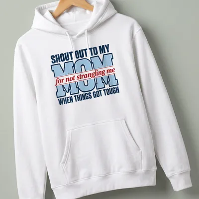 Bold typography shirt in red, blue, and white celebrating mom's patience during tough times — printed on a unisex hoodie
