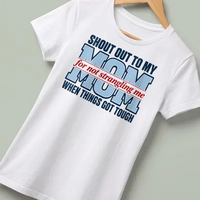 Bold typography shirt in red, blue, and white celebrating mom's patience during tough times — printed on a women's shirt