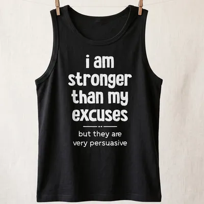 Bold typography with motivational phrase about excuses in white text — printed on a tank top