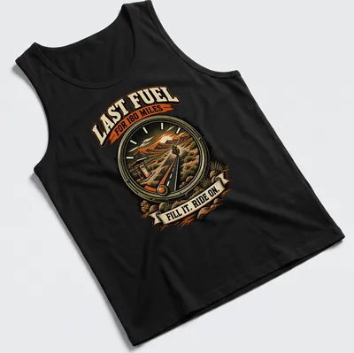Vintage retro shirt with motorcycle graphic and bold fuel-related text — printed on a tank top
