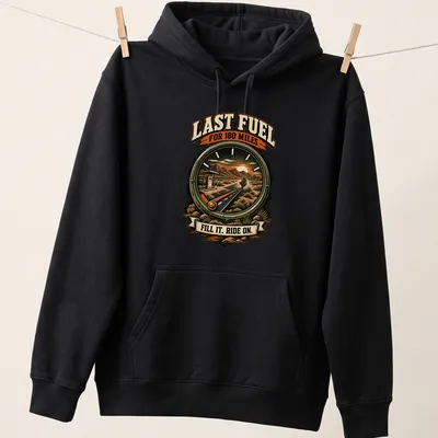 Vintage retro shirt with motorcycle graphic and bold fuel-related text — printed on a unisex hoodie