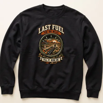 Vintage retro shirt with motorcycle graphic and bold fuel-related text — printed on a unisex sweatshirt