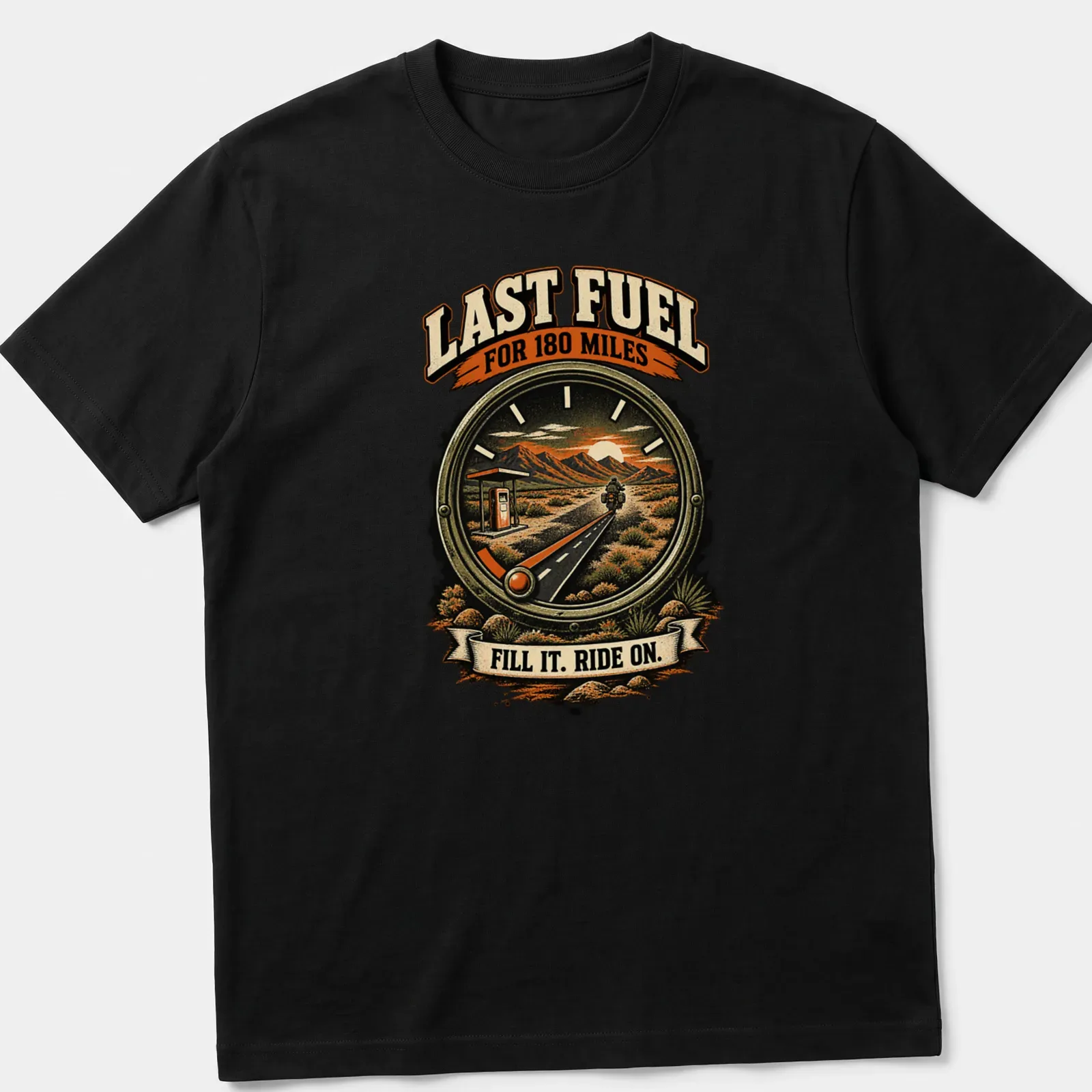 Vintage retro shirt with motorcycle graphic and bold fuel-related text — printed on a unisex t-shirt
