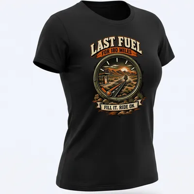 Vintage retro shirt with motorcycle graphic and bold fuel-related text — printed on a women's shirt