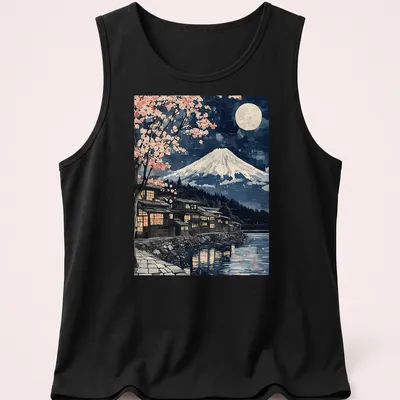 Japanese woodblock style Mount Fuji scene with sakura trees under moonlight — printed on a tank top