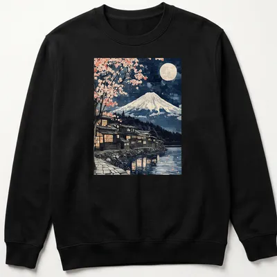 Japanese woodblock style Mount Fuji scene with sakura trees under moonlight — printed on a unisex sweatshirt