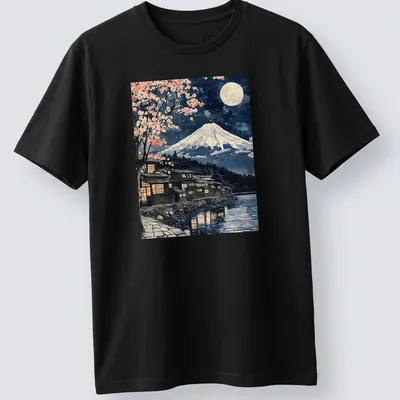Japanese woodblock style Mount Fuji scene with sakura trees under moonlight