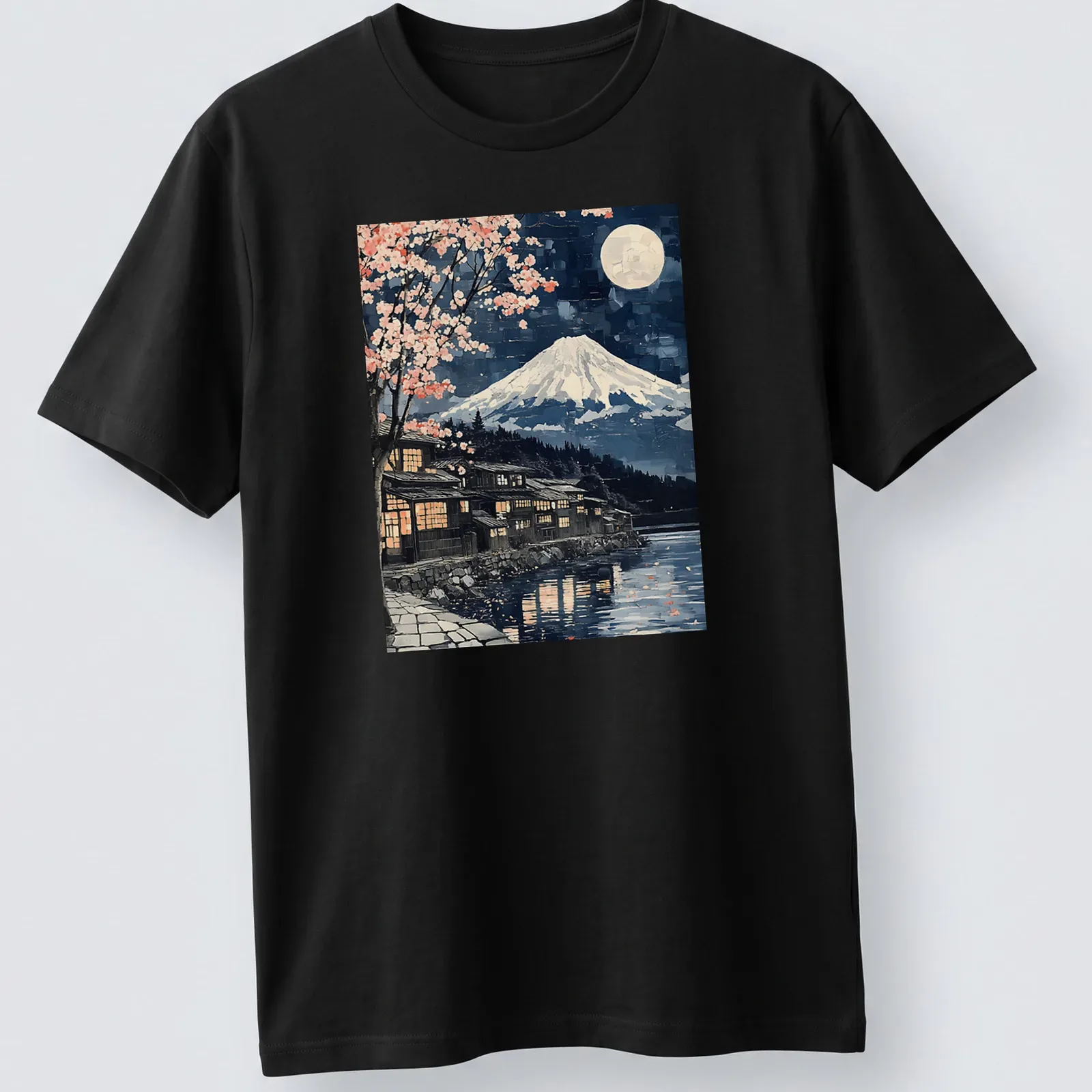 Japanese woodblock style Mount Fuji scene with sakura trees under moonlight — printed on a unisex t-shirt