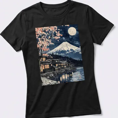 Japanese woodblock style Mount Fuji scene with sakura trees under moonlight — printed on a women's shirt
